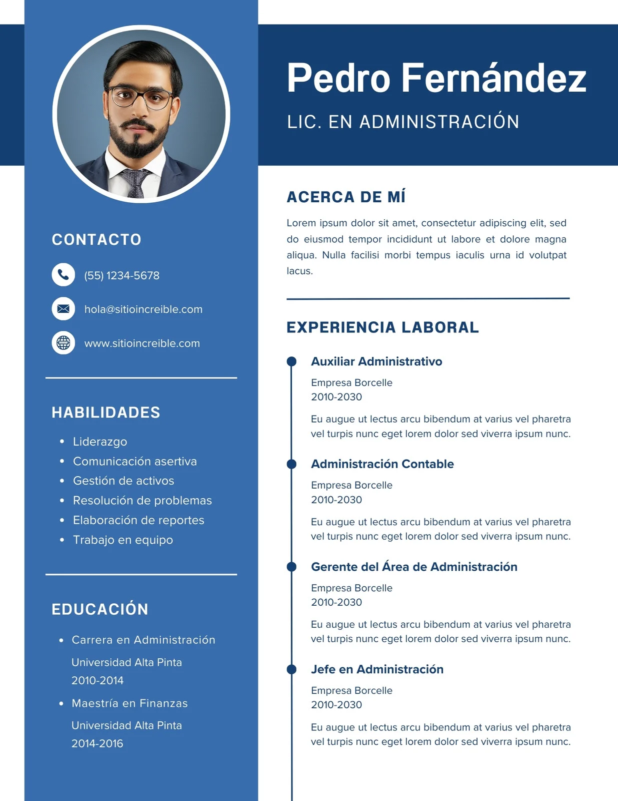 CV profesional de Pedro Fernández - Diseño azul moderno