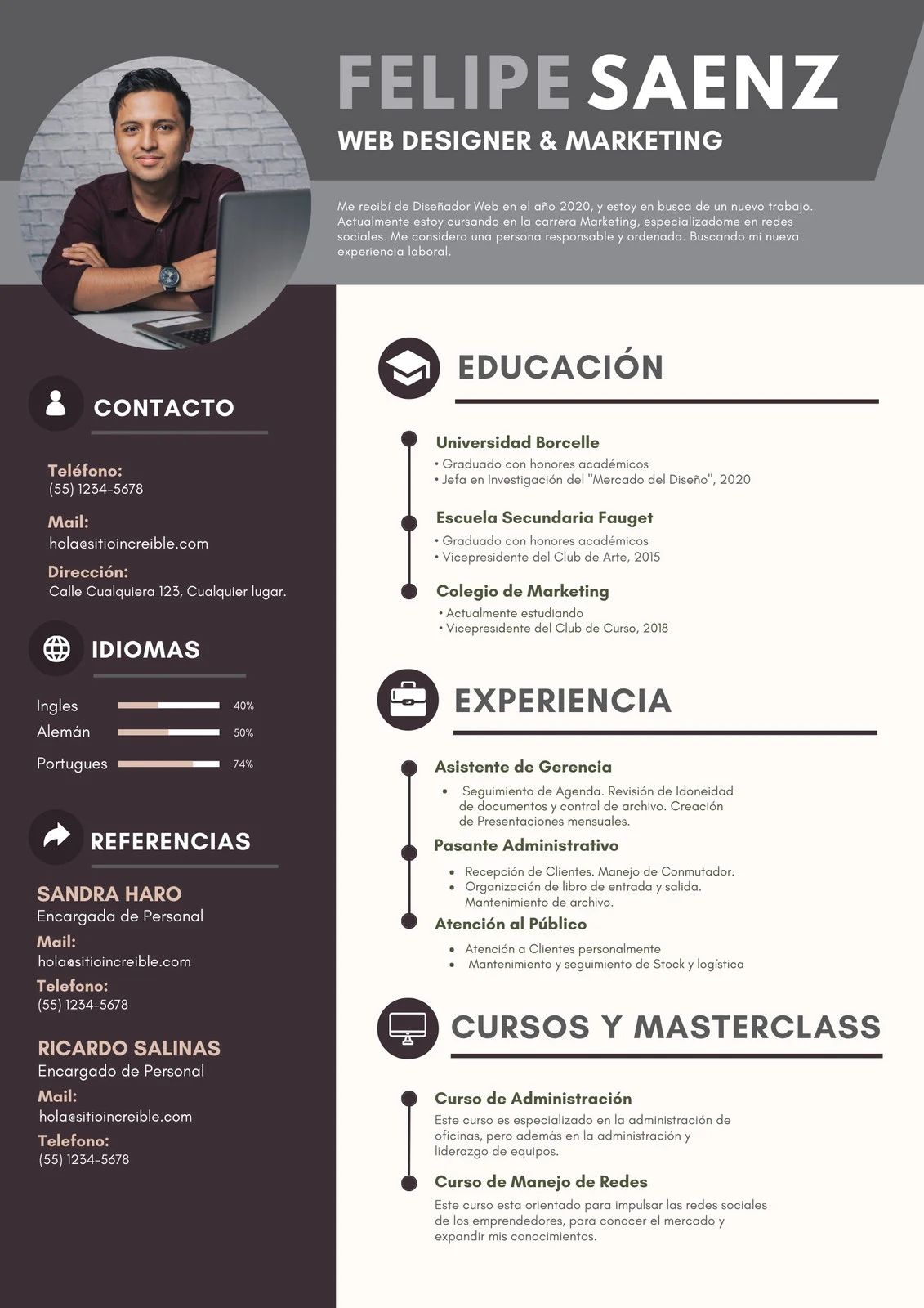 CV profesional de Felipe Saenz - Diseño moderno gris